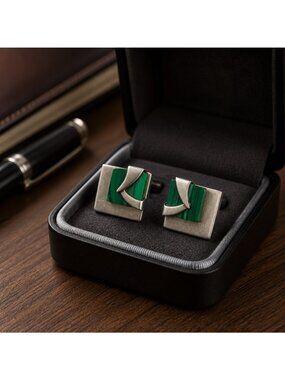 Square Sterling Silver & Malachite  Earrings Mid-Century Modern Style